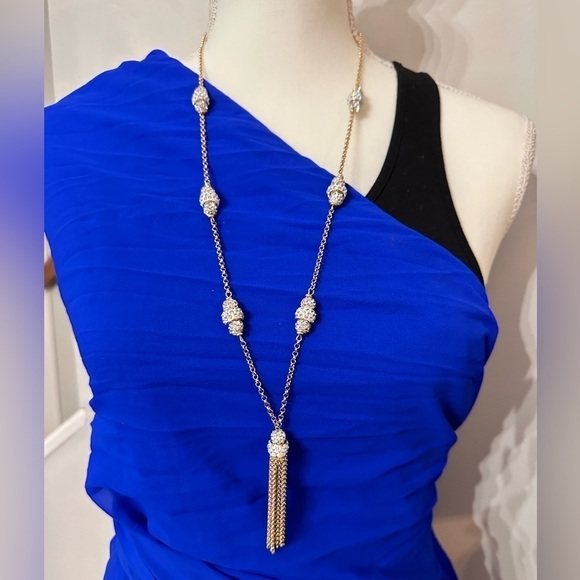 Beaded Tassel Necklace Gold Tone Rhinestone Stone Accent Signed M 5307 P - Picture 1 of 12